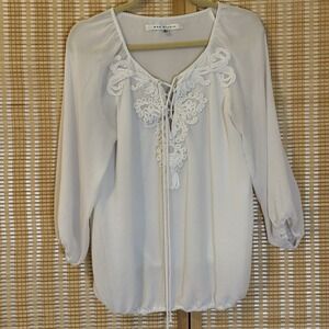 Max Studio Womens M Top Ivory Corded‎ Embroidery Long Sleeve Career Formal Boho